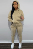 Winter Khaki Long Sleeve Hooded Sweatsuit with Pocket