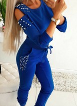 Autumn Blue Beaded Cut Out Top and Pants Set