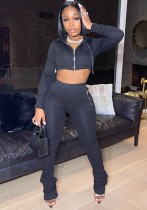 Autumn Black Cropped Top and Pants Hooded Tracksuit