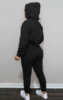 Winter Black Long Sleeve Hooded Sweatsuit with Pocket