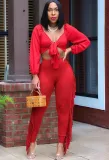 Autumn Party Sexy Red Knotted Crop Top and Ruffles Pants Set