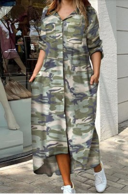 Autumn Casual Camo Print Long Blouse Dress with Sequin Pockets