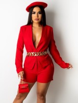 Autumn Elegant Office Red Blazer and Shorts 2 Piece Suit