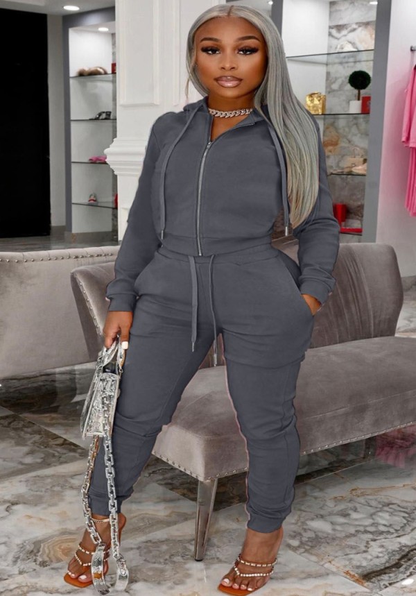 Winter Plus Size Grey Zipper Hoodies and Pants 2 Piece Tracksuit