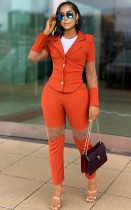 Autumn Elegant Patch Office Orange Blazer and Pants Suit