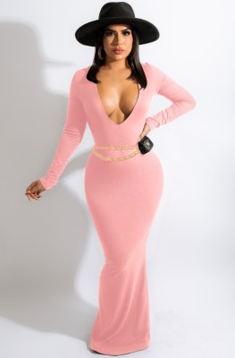 Autumn Party Sexy Deep-V Knit Pink Long Dress