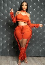 Autumn Party Orange Sexy Cut Out Tassels Cropped Top and Pants Set