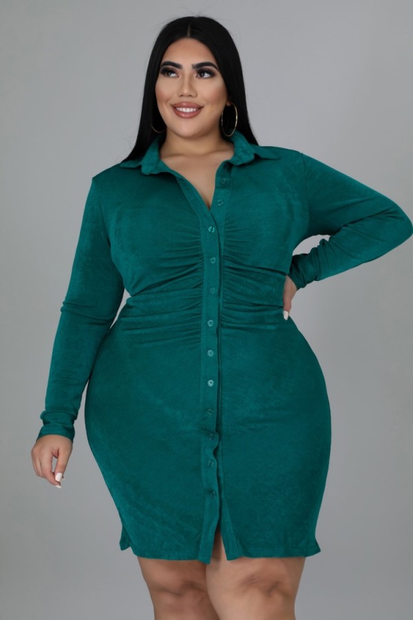 Autumn Plus Size Button Up Green Tight Blouse Dress