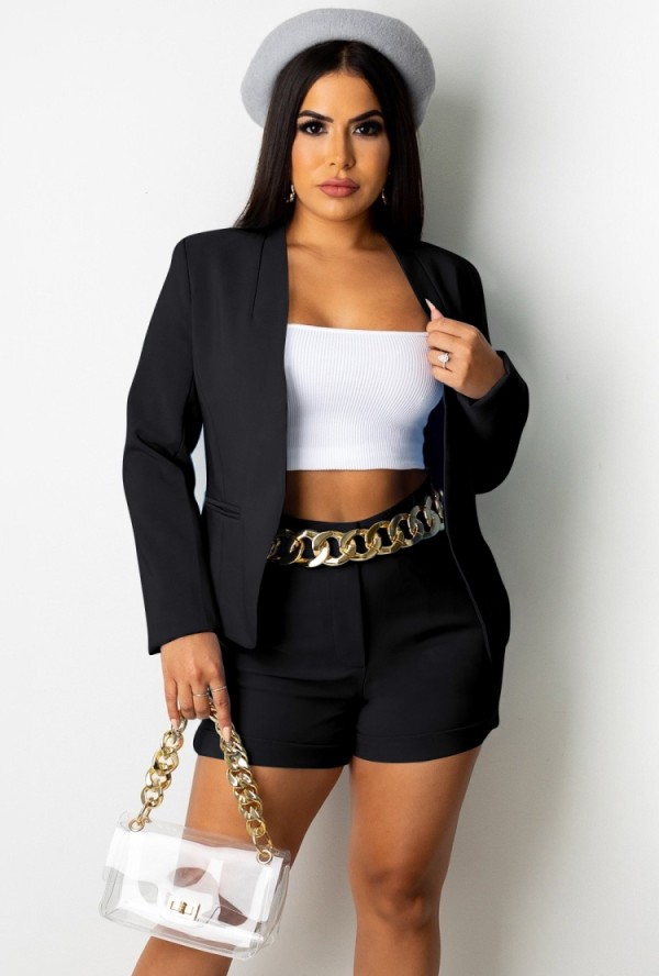 Autumn Elegant Office Black Blazer and Shorts 2 Piece Suit