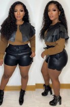 Winter PU Patch Shirt and Overall Leather Shorts 2 Piece Formal Set