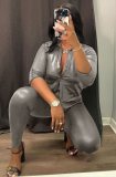 Winter Grey Leather Fit Blouse and High Waist Pants 2 Piece Suit