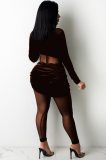 Autumn Party Sexy Mesh Patch Velour Tight Brown Jumpsuit