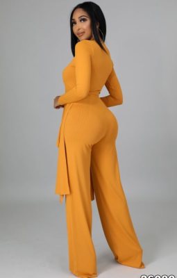 Autumn Orange Knit V-Neck Irregular Top and Pants Elegant 2 Piece Set