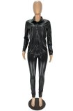 Winter Black Leather Fit Blouse and High Waist Pants 2 Piece Suit