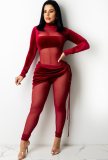 Autumn Party Sexy Mesh Patch Velour Tight Red Jumpsuit