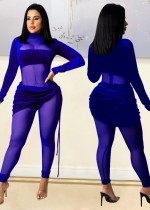 Autumn Party Sexy Mesh Patch Velour Tight Blue Jumpsuit