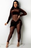 Autumn Party Sexy Mesh Patch Velour Tight Brown Jumpsuit