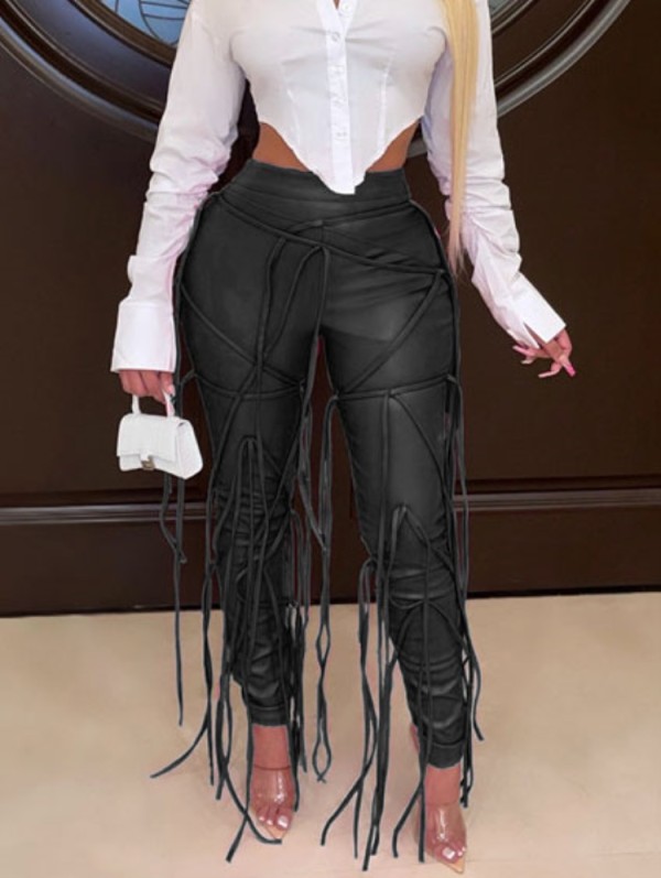 Winter Occassional Black Leather Fringe High Waist Trousers