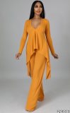 Autumn Orange Knit V-Neck Irregular Top and Pants Elegant 2 Piece Set