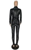Winter Black Leather Fit Blouse and High Waist Pants 2 Piece Suit