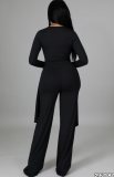 Autumn Black Knit V-Neck Irregular Top and Pants Elegant 2 Piece Set