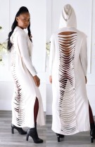 Autumn White Ripped Back Side Slits Long Hoodie Dress