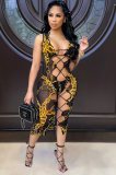 Summer Party Sexy Chains Print 3 Piece Lace-Up Dress Set
