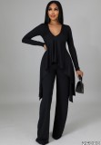 Autumn Black Knit V-Neck Irregular Top and Pants Elegant 2 Piece Set