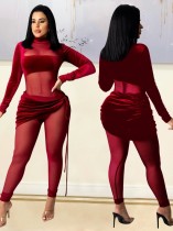 Autumn Party Sexy Mesh Patch Velour Tight Red Jumpsuit