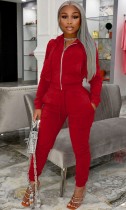 Winter Causal Red Zipper Pocket Long Sleeve Top And Pant Two Piece Set