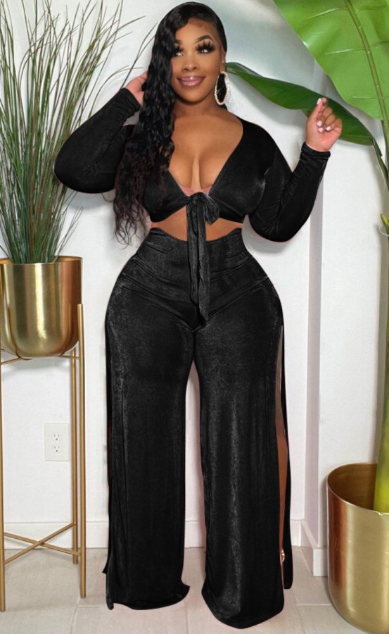 Fall Sexy Black Velvet Long Sleeve Front Tied Crop Top and Split High Waist Pants Set