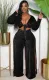 Fall Sexy Black Velvet Long Sleeve Front Tied Crop Top and Split High Waist Pants Set