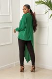 Fall Plus Size Green Long Sleeve Irregular Dress And Pant Two Piece Set