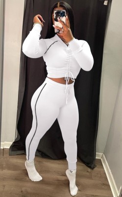 Fall Casual White Line Lace Up Long Sleeve Crop Top And Pant Tracksuit Set