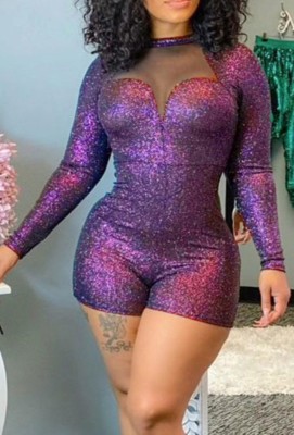 Fall Sexy Purple See Through Sequins Long Sleeve Romper