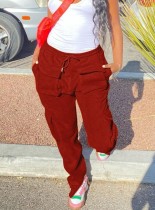 Winter Casual Red Drawstring Sports Cargo Pants