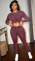 Autumn Casual Burgundy Long Sleeve Shirt and Tight Pants Set