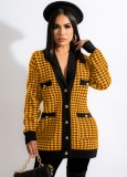 Winter Trendy Yellow Plaid Button Up long Sleeve Coat