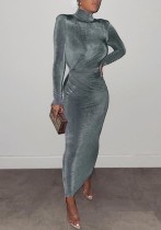 Winter Elegant Grey High Neck Long Sleeve Long Maxi Dress