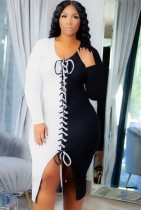 Fall Sexy White and Black Patch Lace-up Long Sleeve Midi Dress
