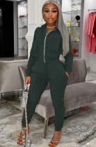 Winter Causal Green Zipper Pocket Long Sleeve Top And Pant Two Piece Set