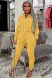 Winter Causal Yellow Zipper Pocket Long Sleeve Top And Pant Two Piece Set