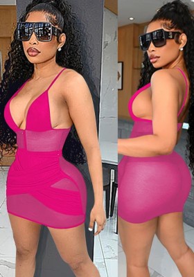 Summer Sexy Pink Straps See Through Bandage Mini Dress