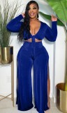 Fall Sexy Blue Velvet Long Sleeve Front Tied Crop Top and Split High Waist Pants Set