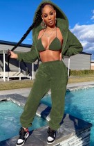 Winter Causal Green Fleece Hooded Zipper Top And Bra And Pant 3 Piece Set