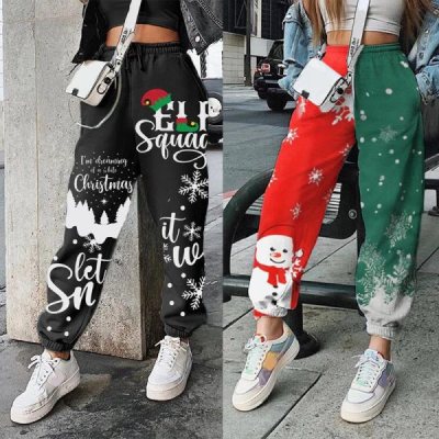 Winter Christmas Print Balck Jogger Pants