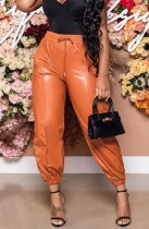 Fall Sexy Orange PU Leather High Waist Drawstring Jogger Pants