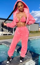 Winter Causal Pink Fleece Hooded Zipper Top And Bra And Pant 3 Piece Set
