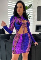 Fall Sexy Multi Color Snake Printed Lace-up Hollow Out Long Sleeve Bodycon Dress