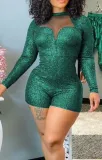 Fall Sexy Green See Through Sequins Long Sleeve Romper